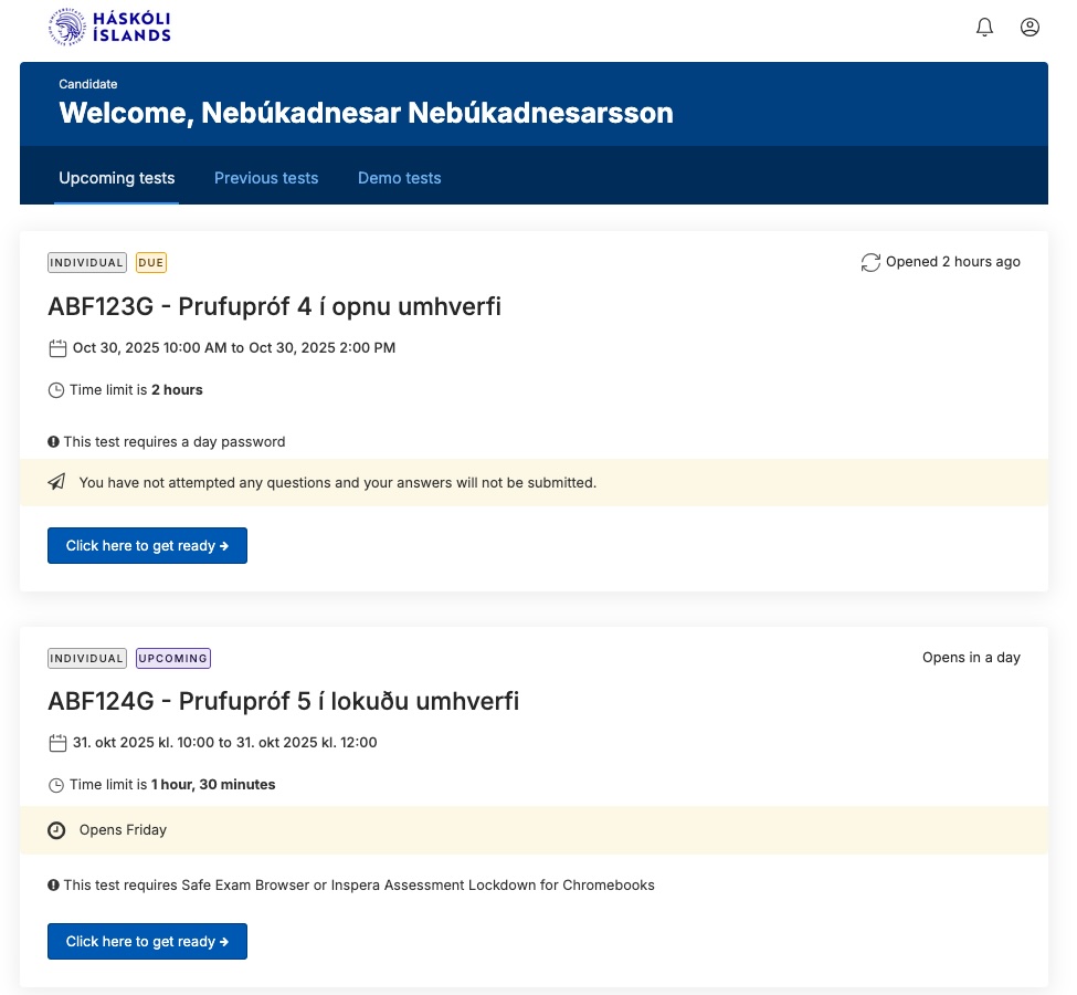 A picture of the Inspera-dashboard. The student has two upcoming exams, one in J.jpg