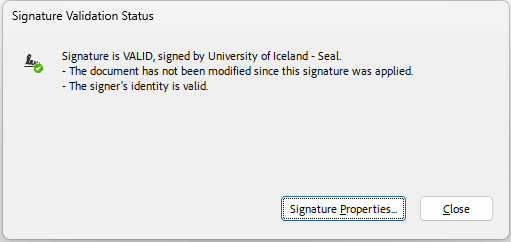 window named "signature Validation Status" stating that the signature is valid, signed by University of Iceland Seal. The document has not been modified since this signature was applied.