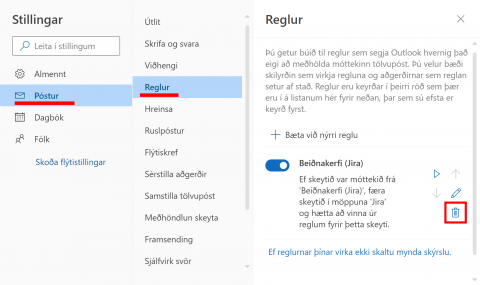 Outlook eyða reglu