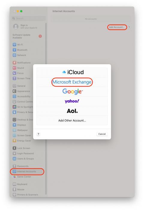 System settings, Internet accounts, Microsoft Exchange