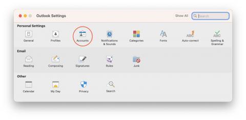 Velja Accounts í Outlook Settings