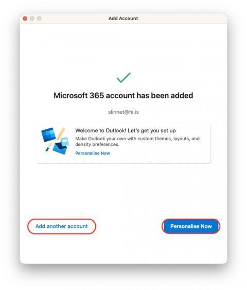 Bæta við öðrum reikning eða stilla útlit í Outlook
